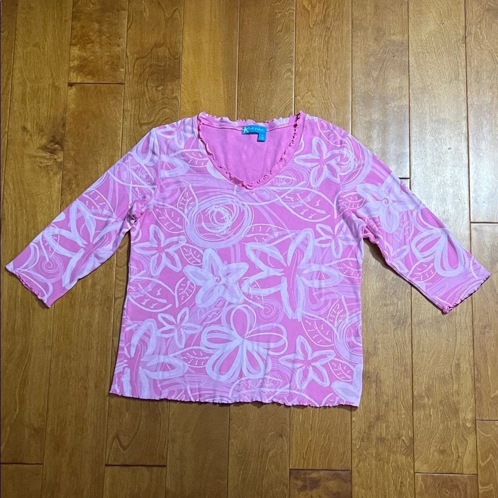 Fresh Produce Pink Floral Top V-Neck 3/4 Sleeves Preppy Casual Cottagecore USA - Picture 2 of 10